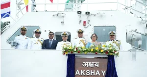 Officials and dignitaries during the commissioning ceremony of ICGS Akshay at Goa Shipyard Limited in Goa.