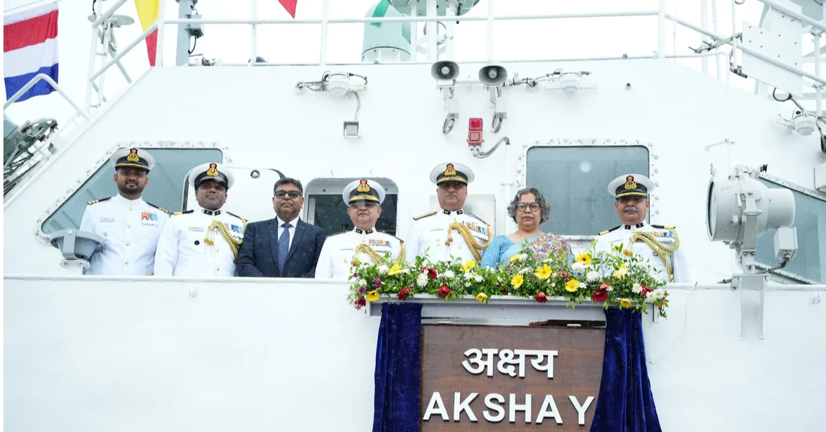 Officials and dignitaries during the commissioning ceremony of ICGS Akshay at Goa Shipyard Limited in Goa.