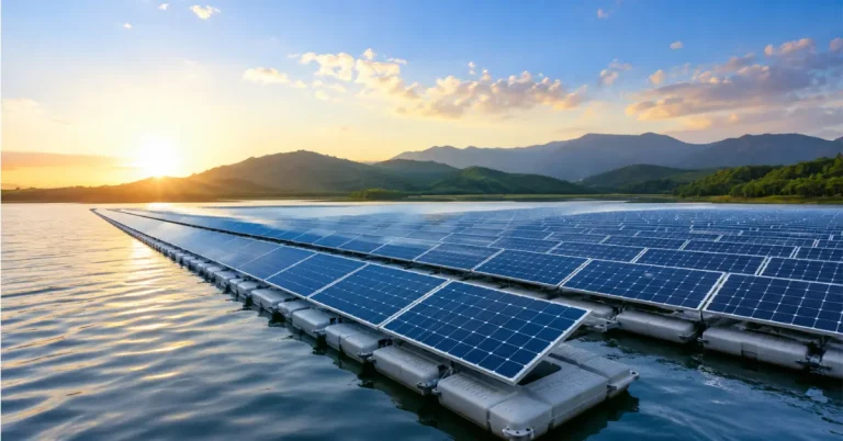 Floating solar power plant on a reservoir representing India’s assessed floating solar potential