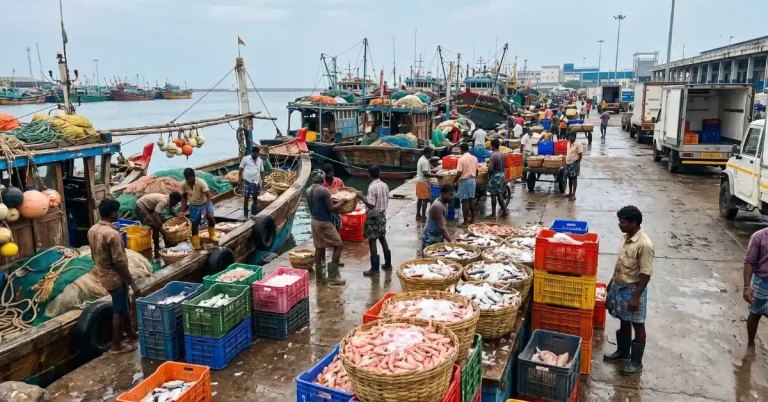 Seafood export activity at an Indian fishing harbour linked to India’s record seafood exports in FY 2025-26