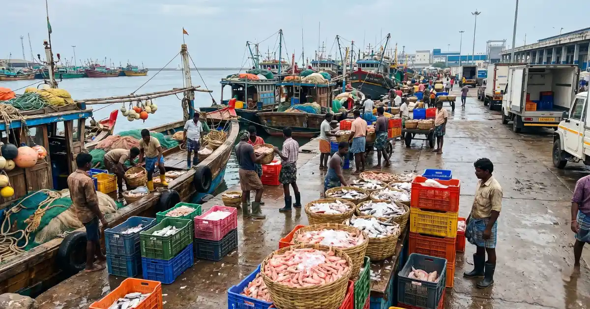 Seafood export activity at an Indian fishing harbour linked to India’s record seafood exports in FY 2025-26