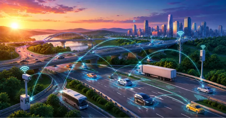 Crash-Prevention Technology showing connected vehicles communicating in real time on a highway