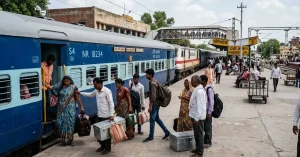 Indian Railways passenger train halting at a station platform
