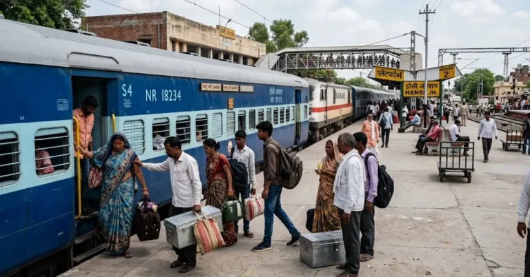Indian Railways passenger train halting at a station platform