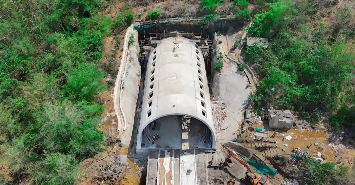 Mumbai-Ahmedabad Bullet Train Project tunnel hood installed at a mountain railway tunnel portal