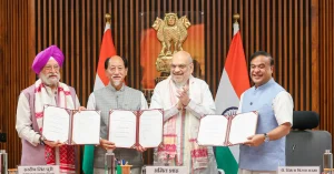 Union Home Minister Amit Shah with Hardeep Singh Puri, Neiphiu Rio and Himanta Biswa Sarma during the signing linked to Nagaland’s oil and gas comeback