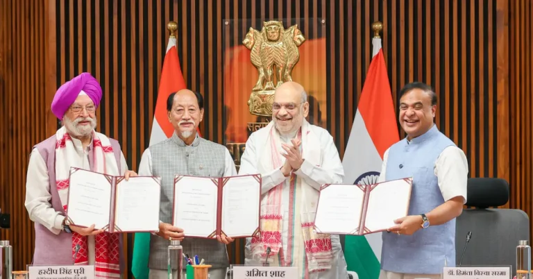 Union Home Minister Amit Shah with Hardeep Singh Puri, Neiphiu Rio and Himanta Biswa Sarma during the signing linked to Nagaland’s oil and gas comeback