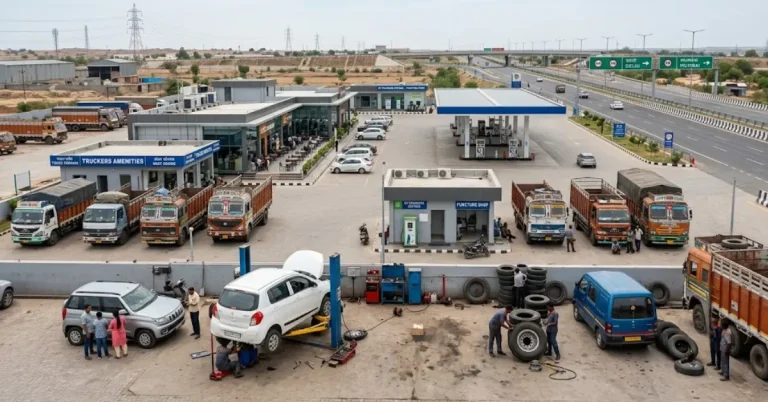 NHAI wayside amenity facility with vehicle repair services on a National Highway