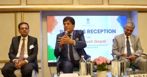 Commerce and Industry Minister Piyush Goyal speaking during a business interaction in London on India-UK CETA