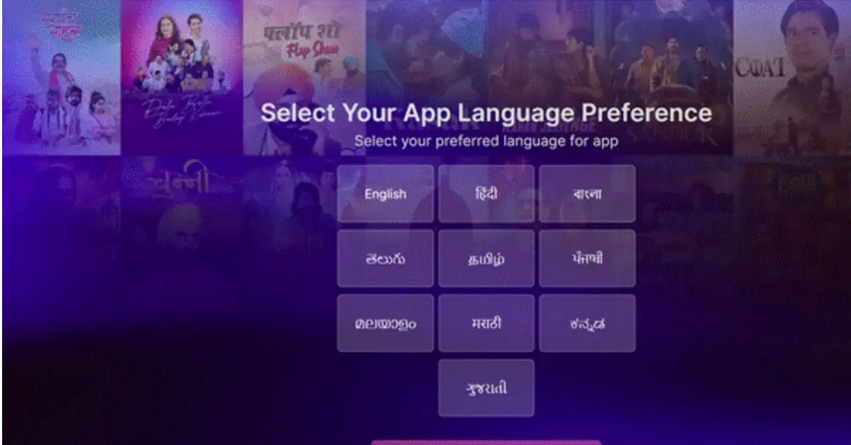 WAVES OTT app language selection screen showing multilingual interface options