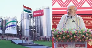 Composite image showing an Amul dairy processing facility and Union Home Minister Amit Shah during the launch of the Amul Bengal Dairy Project in Kolkata.