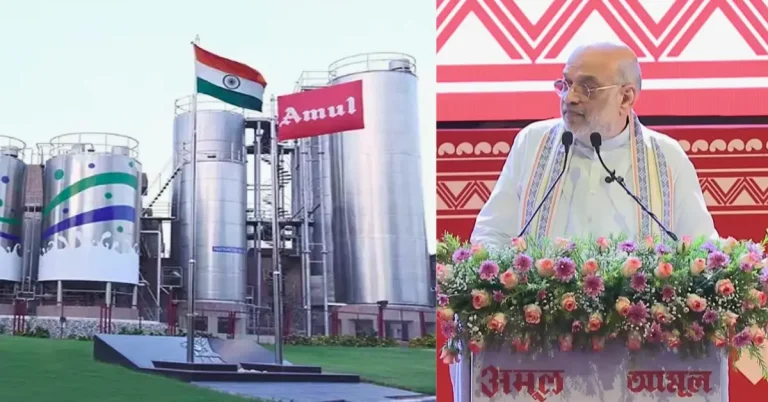 Composite image showing an Amul dairy processing facility and Union Home Minister Amit Shah during the launch of the Amul Bengal Dairy Project in Kolkata.