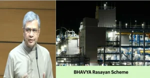 Union Minister Ashwini Vaishnaw announcing the BHAVYA-Rasayan Scheme alongside a representative visual of a chemical manufacturing facility.