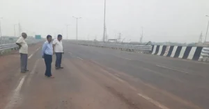 Officials inspecting the restored section of the Delhi-Dehradun Expressway at Gogwan Jalalpur after repair works