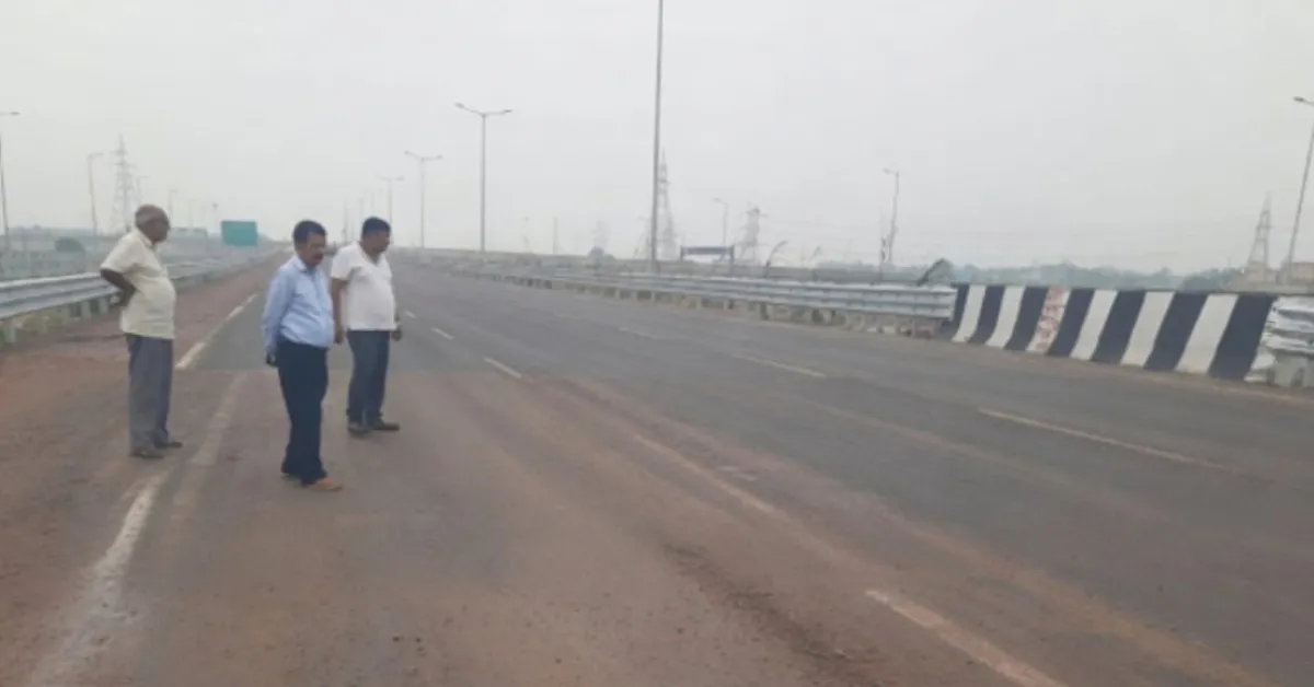 Officials inspecting the restored section of the Delhi-Dehradun Expressway at Gogwan Jalalpur after repair works