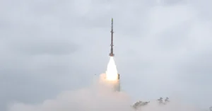 DRDO's Kusha Long-Range Surface-to-Air Missile system during its maiden flight test against a simulated high-speed aerial threat from APJ Abdul Kalam Island, Odisha.
