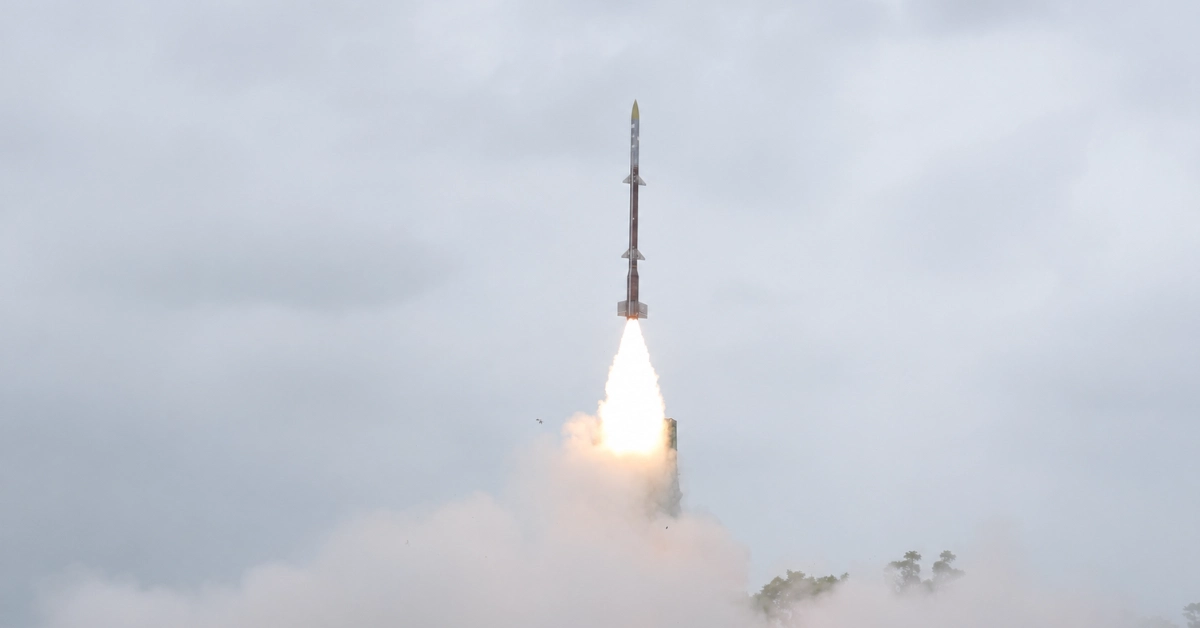 DRDO's Kusha Long-Range Surface-to-Air Missile system during its maiden flight test against a simulated high-speed aerial threat from APJ Abdul Kalam Island, Odisha.