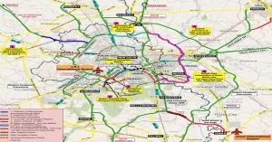 Official alignment map showing the proposed Dwarka Expressway-Vasant Kunj tunnel corridor and associated road connectivity projects in Delhi.