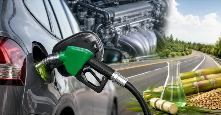 The Infra Post - India's Leading Infrastructure News Platform 20 A vehicle being refuelled with E20 ethanol-blended petrol alongside imagery representing ethanol production and engine technology