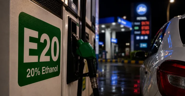 An E20 fuel dispenser supplying 20 per cent ethanol-blended petrol at a fuel station in India.