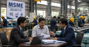 MSME manufacturing unit with ECLGS 5.0 awareness display in the background