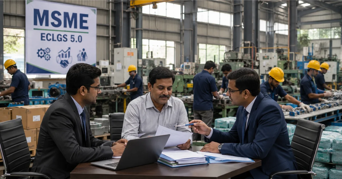 MSME manufacturing unit with ECLGS 5.0 awareness display in the background