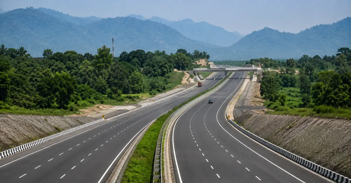 A tree-lined National Highway corridor developed under sustainable highway infrastructure practices in India.