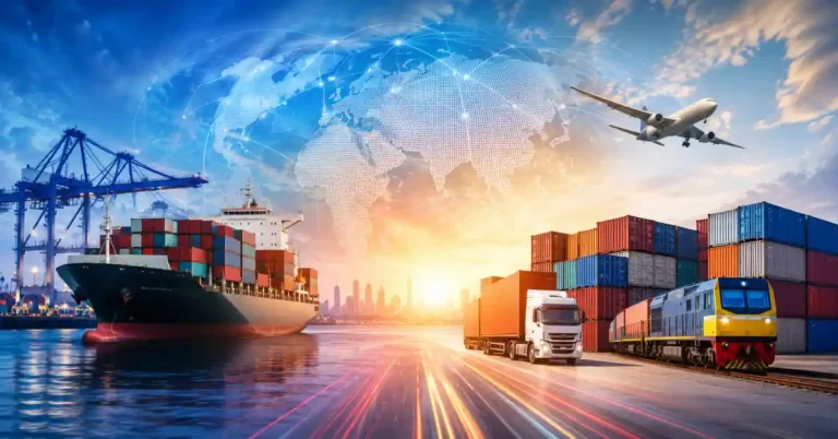 Illustration of India's April-June exports showing multimodal global trade through shipping, rail, road and air cargo.