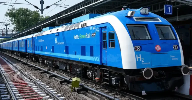 India's first Hydrogen Fuel Cell Trainset at a railway station before operations on the Jind-Sonipat route.