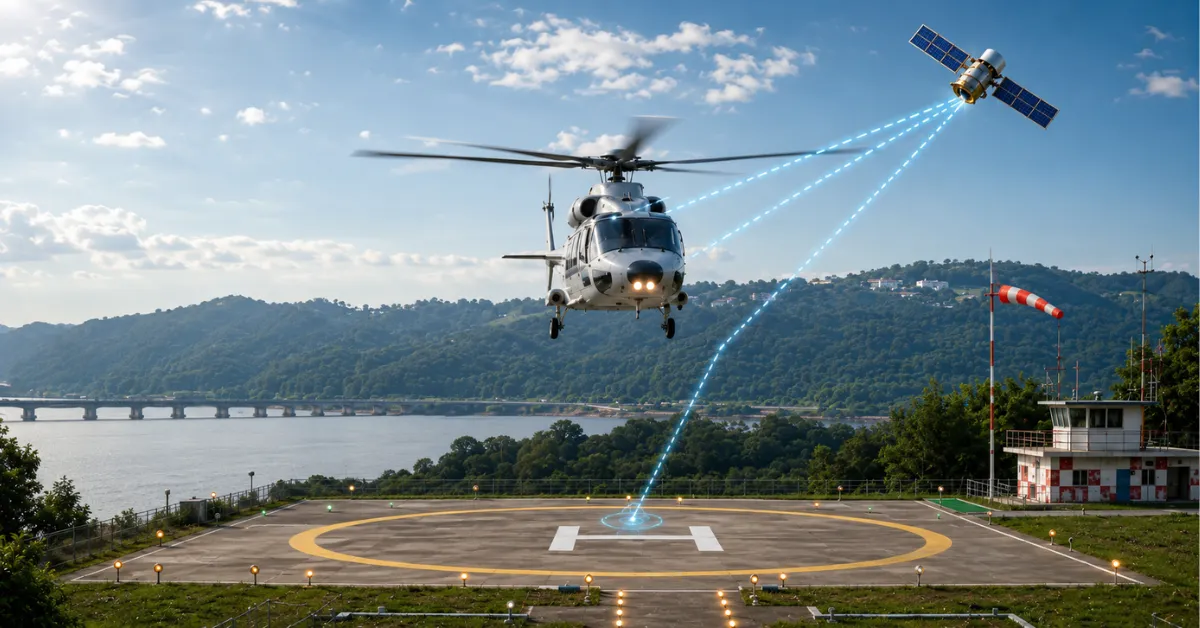 Helicopter approaching a heliport using India's first PinS Instrument Approach Procedure with satellite-based navigation