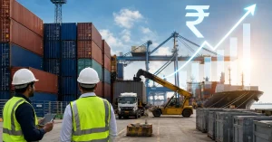 Container port operations and cargo movement representing growth in India's gross GST collections.