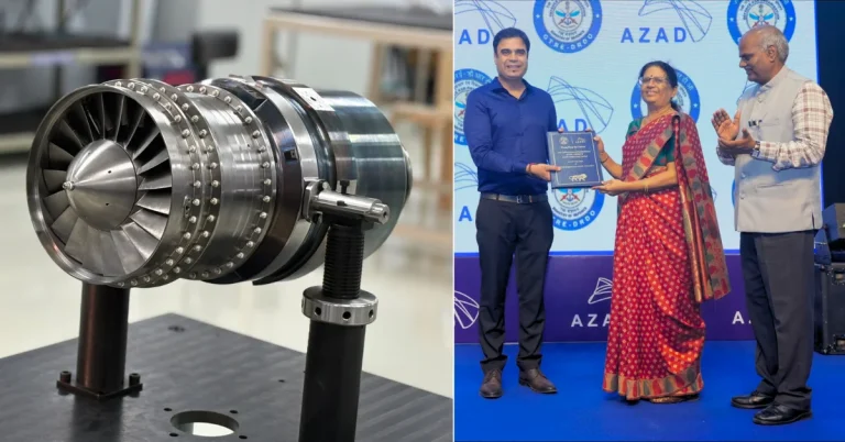 India's first indigenous 350 kg-thrust expendable turbojet engine developed by GTRE under DRDO in collaboration with Azad Engineering, alongside the official handover ceremony.