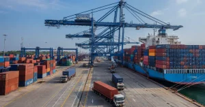 Shipping containers at a major Indian port representing export growth under the Production Linked Incentive (PLI) schemes.