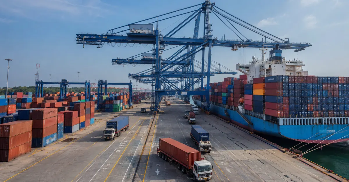 Shipping containers at a major Indian port representing export growth under the Production Linked Incentive (PLI) schemes.