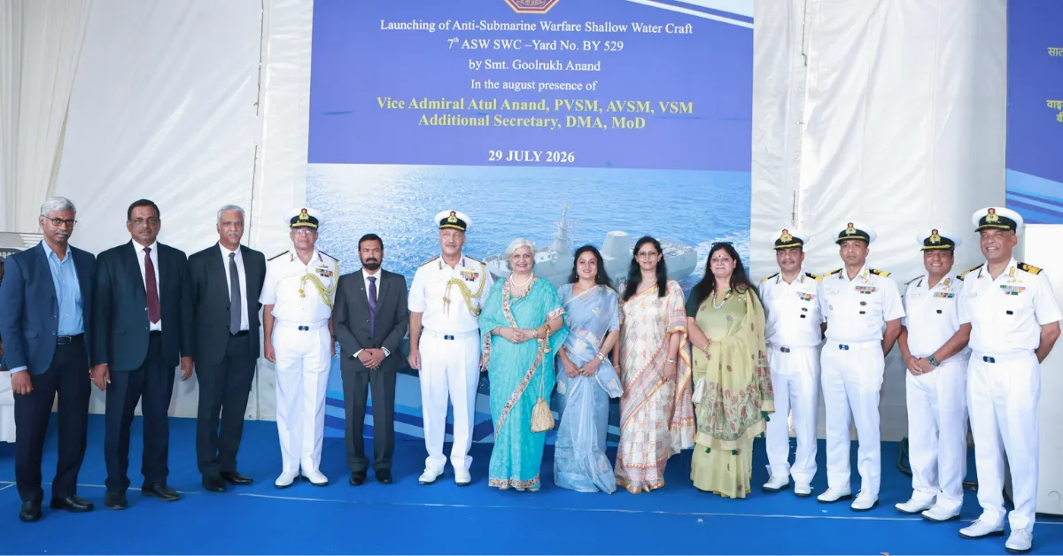 Indian Navy officials and dignitaries during the launch ceremony of Machilipatnam, the seventh indigenous Anti-Submarine Warfare Shallow Water Craft, at Cochin Shipyard.
