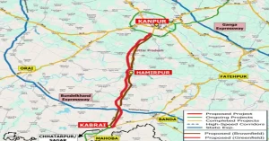 Official alignment map showing the proposed Kanpur-Kabrai access-controlled highway corridor in Uttar Pradesh.