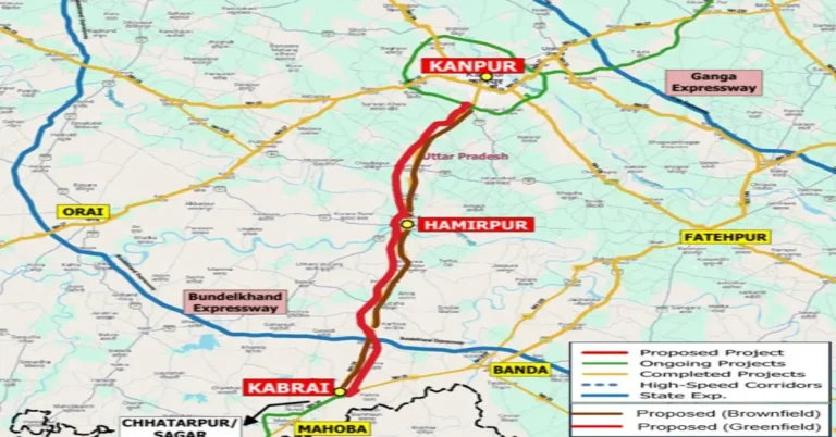 Official alignment map showing the proposed Kanpur-Kabrai access-controlled highway corridor in Uttar Pradesh.