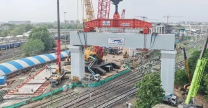 Heavy portal beam installation for the Mumbai-Ahmedabad Bullet Train Project at Sabarmati.