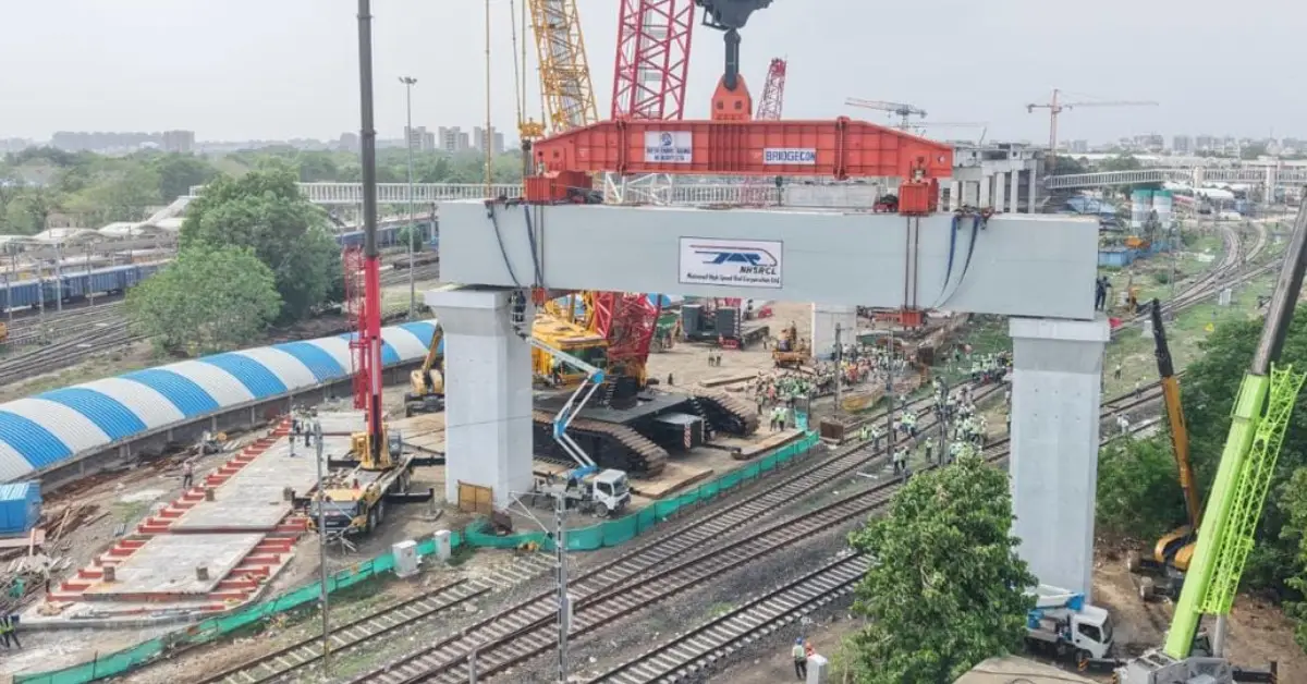 Heavy portal beam installation for the Mumbai-Ahmedabad Bullet Train Project at Sabarmati.