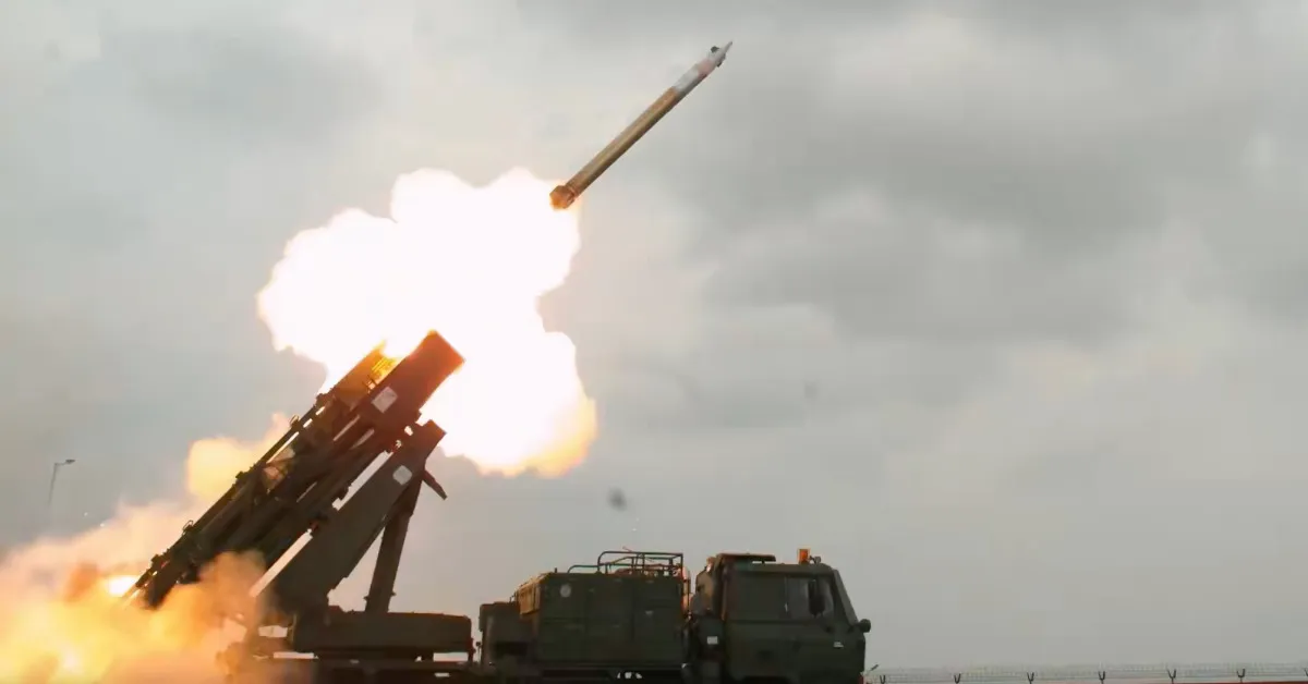 Pinaka long-range guided rocket launched during a successful flight test at the Integrated Test Range in Chandipur, Odisha.