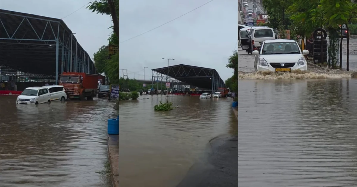 Vehicles move through waterlogged roads near the Bajghera underpass in Gurugram after heavy rainfall.