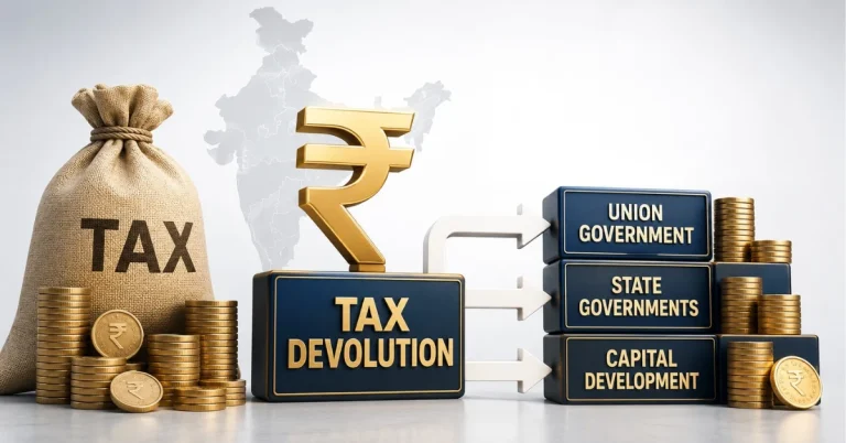 Editorial concept image depicting the Centre's tax devolution mechanism supporting state finances and capital development across India.