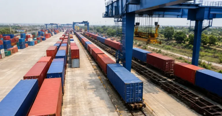 Container freight trains and logistics infrastructure on the Indian Railways network.