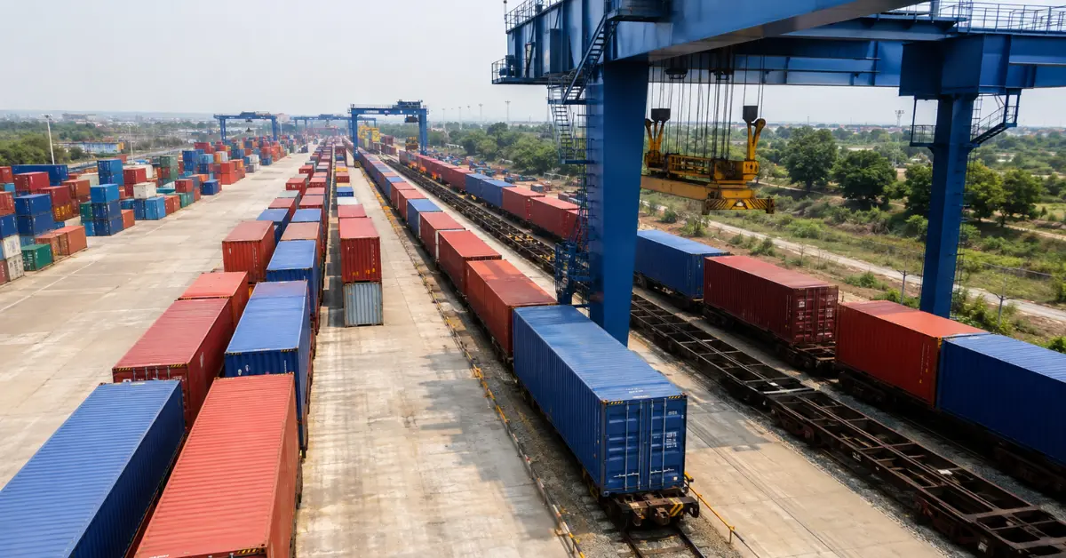 Container freight trains and logistics infrastructure on the Indian Railways network.