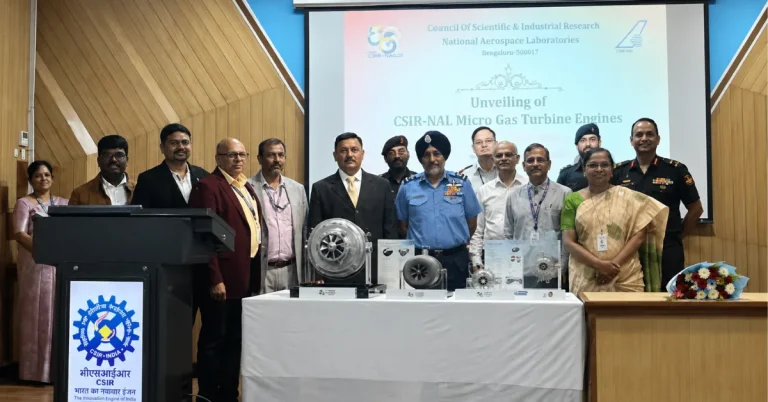 CSIR-NAL officials unveiling the NJ-05, NJ-50 and NJ-100 indigenous gas turbine engines in New Delhi