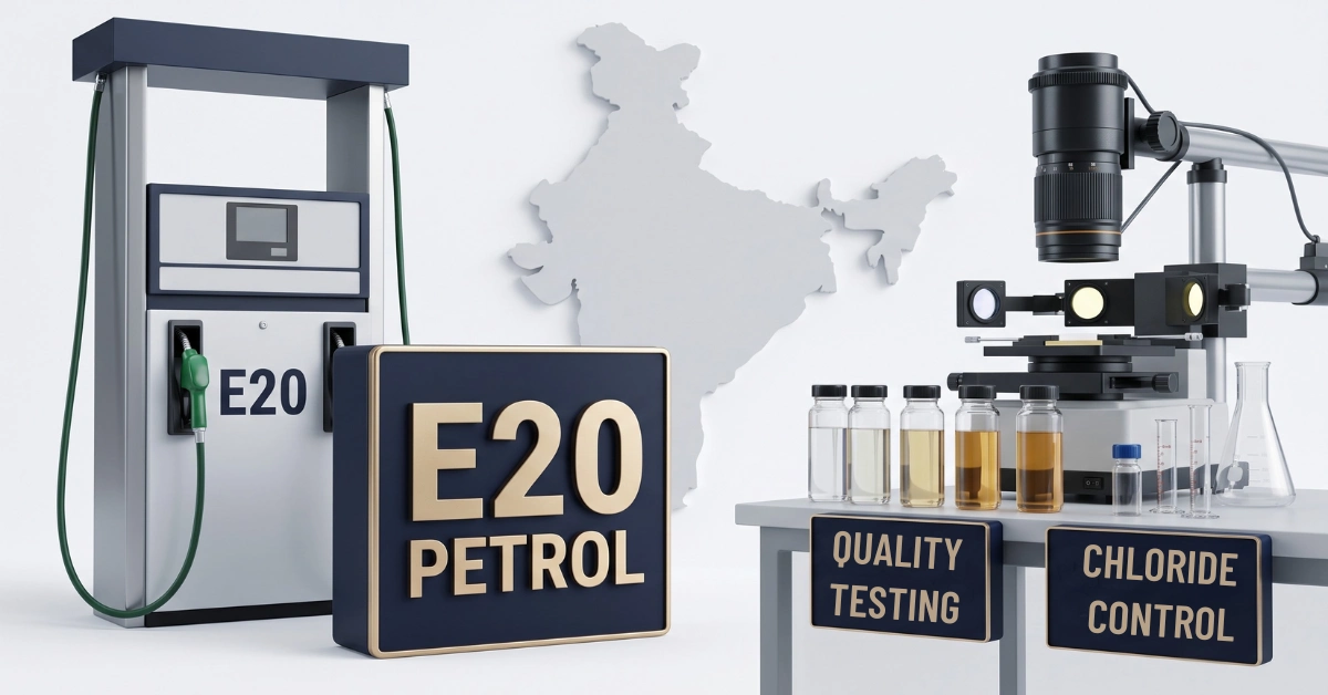 E20 petrol quality testing with fuel samples and chloride control in India