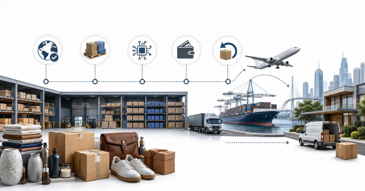India export inventory framework shown through a realistic fulfilment centre with order, tracking, payment and delivery icons