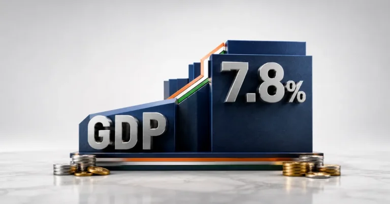 India’s GDP growth represented by a dimensional 7.8% marker on an ascending architectural structure