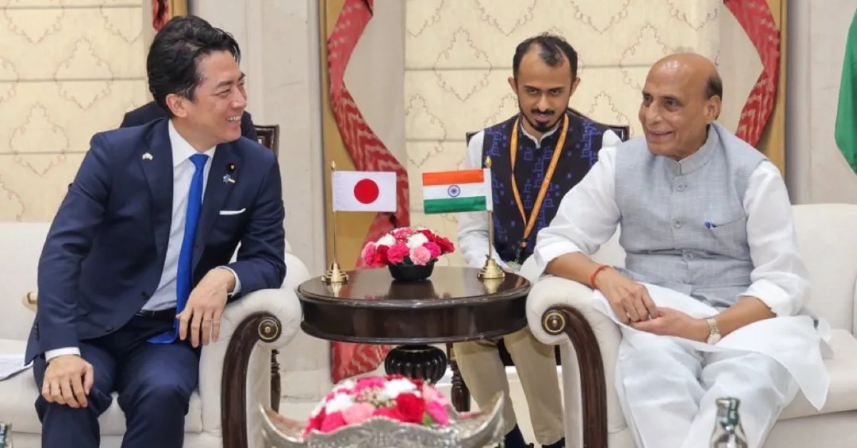 India and Japan defence ministers Rajnath Singh and Shinjiro Koizumi at Manekshaw Centre in New Delhi