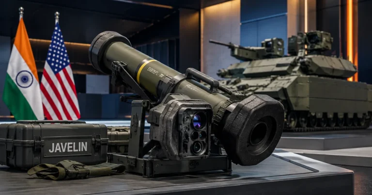 3D editorial visual of Javelin anti-tank missile system representing India-US defence procurement